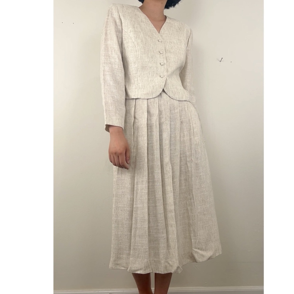Vintage Rayon Flax Beige Cream Skirt Set